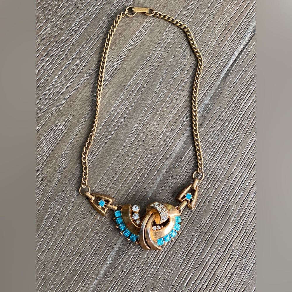 Vintage LISNER Blue  Art Glass  Necklace, 1960s Signed Rhinestone Pendant